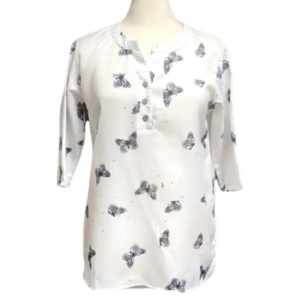 MissLook White Butterfly 3/4 Sleeve Blouse Size Small
